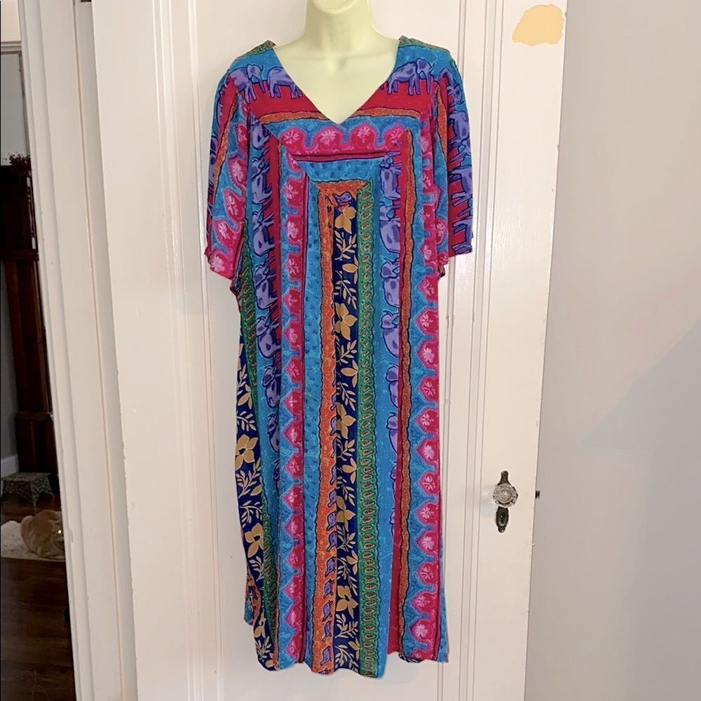 Sante V Neck Multicolored Multi Patterned House Lounge or Summer Rayon‎ Dress